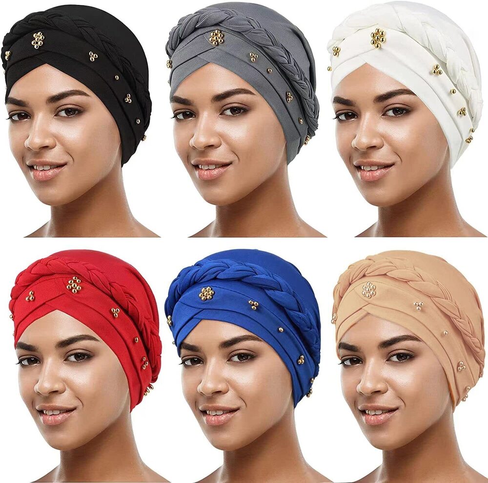 8273 6 Pieces African Turban Cap Faux Pearl Head wrap Beanie Twisted Braid